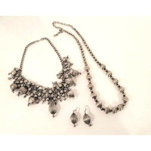 Set of 2 Vintage Silver Tone Crimped Bead Necklaces & Pair of Earrings  